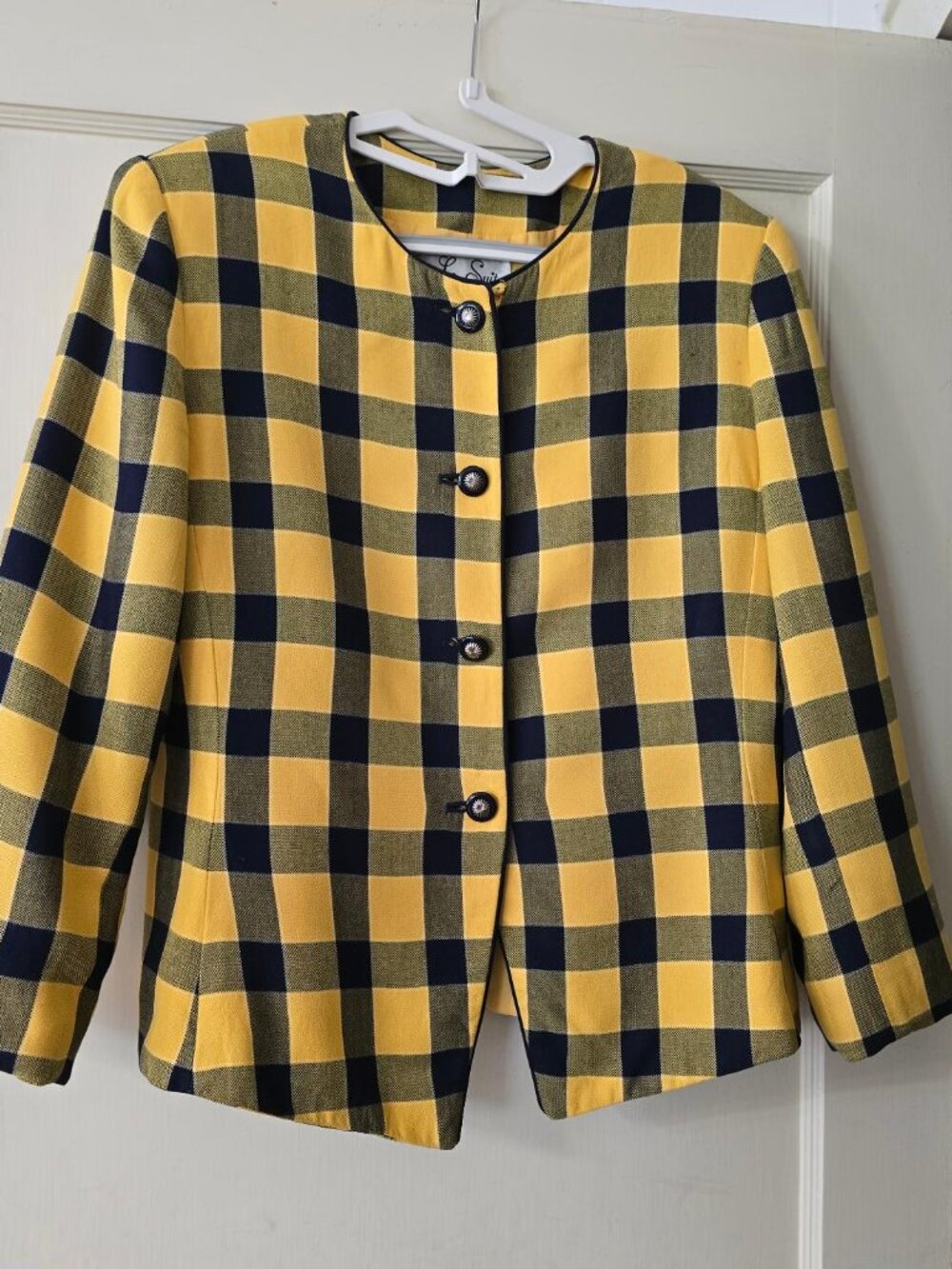 14P Le Suit Yellow/BL Checker Buttoned Long Sleeve Lined Fitted Blazer Jacket